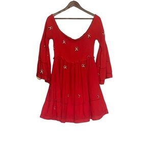 Free People Red Off Shoulder Smocked Mini Dress Bell Sleeve Embroidered S Boho